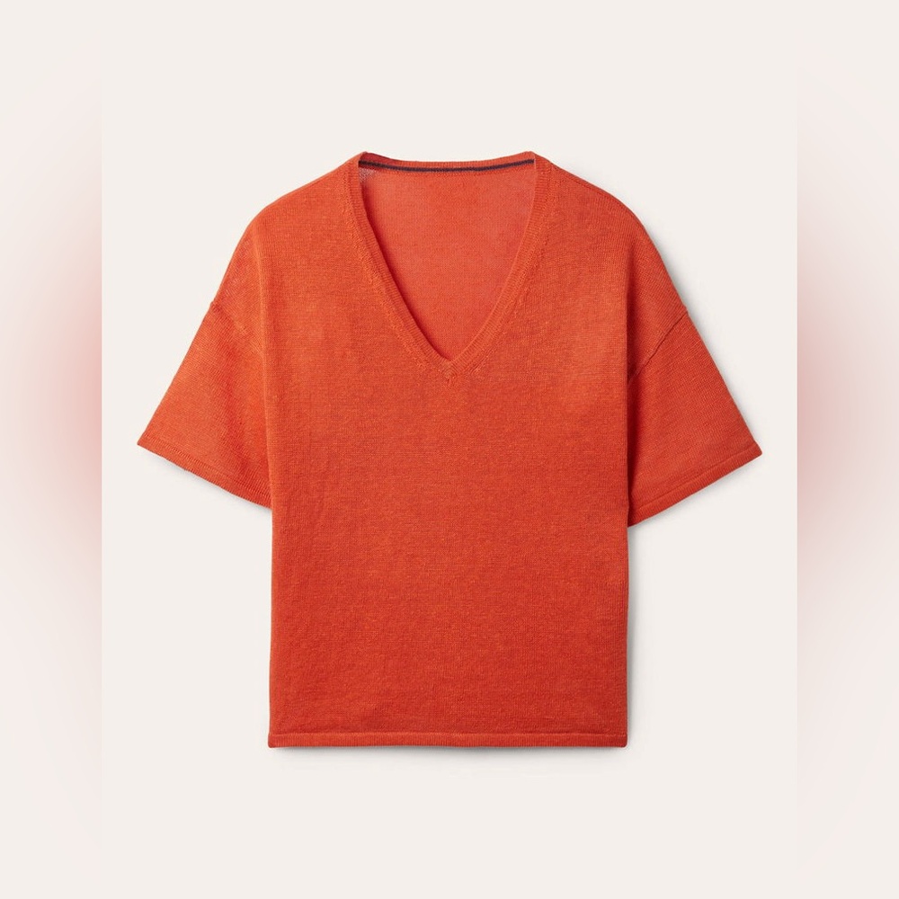 Boden Linen Knitted V-Neck T-Shirt Blouse Orange Womens Top K0591 US 6 - Picture 3 of 11